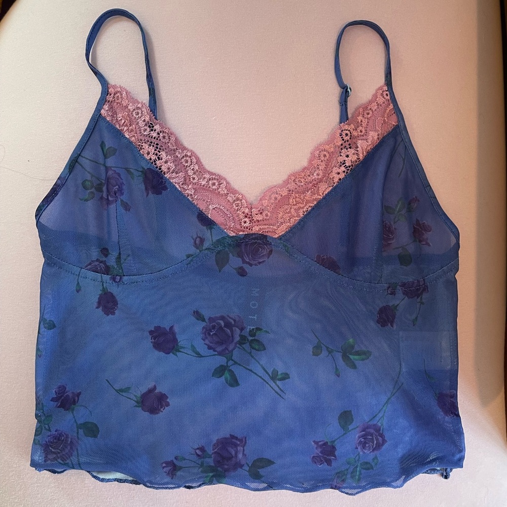 Sheer blue/purple cami with pink lace, rose/flower pattern